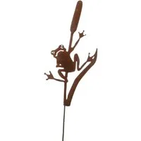 Dragimex Gartenstecker Metall Stecker. FROSCH auf Rohrkolben. Rost Gartenstecker. 63 cm.