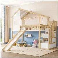 Flieks Etagenbett, Kinderbett 90x200cm mit Haus-Fenster-Design, Stauraumtreppe, Rutsche