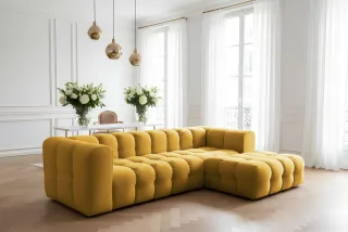 Ecksofa Designersofa SOLVIE in Stoff Tiffani Honiggelb Ottomane Rechts