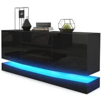 Vladon Sideboard City (Kommode mit 2 Türen, und 3 Schubladen inkl. LED-Beleuchtung), Schwarz matt/Schwarz Hochglanz (178 x 72 x 38 cm)