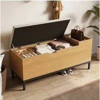 Flieks Polsterbank Sitzbank Bettbank mit aufklappbarer Aufbewahrungsbox (115×49,5×40 cm, 1-St., Sitzkissen aus Leinen), Sitzschrank mit Stauraum Schuhbank Holzoptik, Metallgestell