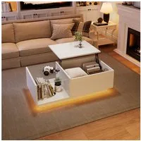 KLAM HOME Couchtisch Höhenverstellbarer Hochglanz-LED-Couchtisch Weiß 100×50 cm (LED Wohnzimmertisch mit verstecktem Stauraum & offener Ablage), Kaffeetisch mit App-gesteuerter RGB-LED & Gasdruckfeder