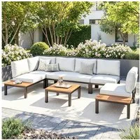 PHI VILLA Gartenlounge-Set, (Balkonmöbel Outdoor Ecksofa, Metall Gartenmöbel Set), Außen Gartensofa Wetterfest mit Couchtisch und Kissen, Beige-Grau