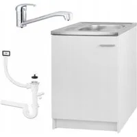STAMAR Spülenschrank Komplettset Slim 60cm Weiß Spüle Deante Armatur Chrom Siphon Abtropf Unterschrank stehend 1 Tür 60x50cm Geschirrspüler Bohrung Edelstahl