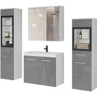 welltime Badmöbel-Set MADRIT II, Schrank mit Waschbecken, 2 Hänger, Spiegelschrank, (Komplett-Set, 5-St), Hängende Badmöbel mit Glaseinsätzen – in vielen Farben erhältlich
