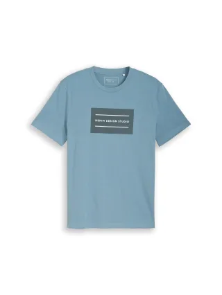 Denim Tom Tailor - Basic T-Shirt mit Logo-Print steel blue - Gr. - XXL