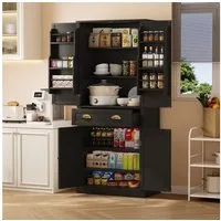 Flieks Mehrzweckschrank mit 4 Türen und 1 Schublade Weiß/Schwarz (mit Türablagen, 1-St., B80/T40/H182 cm) Hochschrank Vorratsschrank Küchenschrank mit verstellbare Ablagen