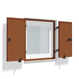 Fensterläden Holzoptik, Klappläden mit Montagerahmen Lamellen Leipzig, Golden Oak, 800 x 800 mm, 2-flügelig mit Schlagleiste, nach Maß konfigurieren