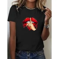 RMK T-Shirt Damen Shirt Top Sommer Basic Mund dicke Lippe Lips Psst