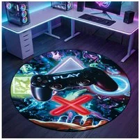 Carpetia Designteppich Gaming Style, rund, Höhe: 5 mm, mit grafischen Gaming-Motiven in Neon-Optik