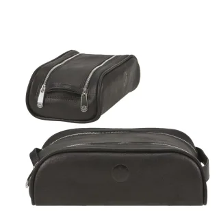 Kulturtasche klein platzsparend Leder schwarz 21x12x7cm | Sonnenleder Reschen. Ein kompakter Organizer für Ihre Pflegeprodukte auf Reisen.
