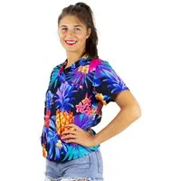 King Kameha Hawaiihemd Pineapple Funky Hawaiibluse Damen Kurzarm Front-Tasche Stylish