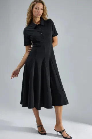 Midi A-Linien-Kleid mit Hemdkragen