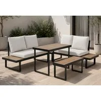 Home Collective Gartenlounge-Set Balkonmöbel Lounge Möbel Outdoor Terrassenmöbel Sitzgruppe mit Tisch, (4-teiliges Set mit Ecksofa, 1 Bank und 1 Tisch 110 cm, inkl. abziehbarer Kissen), robustes Polywood in Eiche/Schwarz, Kissen in beige