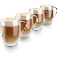 Arendo Gläser-Set doppelwandige Thermogläser mit Henkel, 350 ml Kaffeetasse, Trinkglas, 4-tlg., Glas, für Latte Macchiato, Cappuccino, Tee, hitzebeständig spülmaschinenfest
