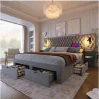 Flieks Polsterbett, Doppelbett 160×200cm mit 2 Nachttische 4 Schublade Leselicht USB-Laden