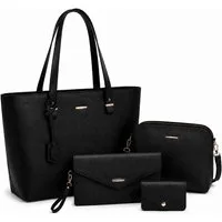 Fyrove Henkeltasche Damen Tasche Set 4-teilig Shopper Handtasche Schultertasche Schwarz (Vielseitiges Taschen Set mit Shopper, Crossbody Tasche, Clutch und Kartenetui, 4-teilig), für Laptop, Handy, Kosmetik und tägliche Essentials