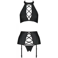 Passion Dessous Set: Dekolleté-BH Schwarzes Damen Dessous Set Neckholder BH Top, ouvert String und Strum