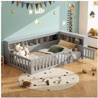 Flieks Holzbett, Kinderbett Daybett 90x200cm mit Stauraum, Aufladen und Geländer
