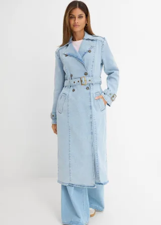 bonprix Denim Trenchcoat, blau, Gr.48, Trendy Denim Trenchcoat mit Gürtel, aus 100% Baumwolle