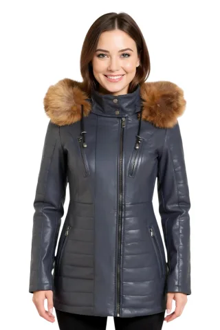 Damen Blau Damen Marineblau Gesteppte Lederparkajacke-Bowen