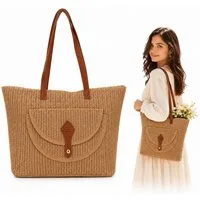 MOPUEA Strandtasche Stroh Geflochten Schultertasche für Damen Boho Strohtasche (Schultertasche, Umhängetasche, Sommer, Strand, 1-tlg., Tragegriff oben für Reisen, Strand Urlaub Sommer Alltag), Geräumige Tragetasche mit Reißverschluss