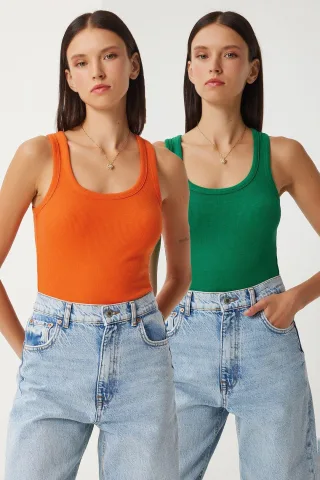 Fitted U-Hals Gestricktes 2er-Pack Tanktop