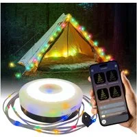 IC Gardenworld LED-Lichterkette Camping LED Solar Leuchte - Aufrollbar, 3-in-1 Multifunktions-Lampe, App-Steuerung, 10 m RGB Wasserdichte Lichterkette, Laterne, Powerbank