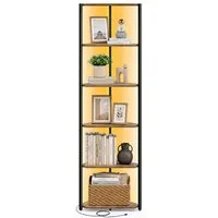 VASAGLE Eckregal Regal mit Stahlrahmen, für Wohnzimmer, Schlafzimmer, Arbeitszimmer, Eckregal mit 6 Ebenen, Bücherregal mit einstellbarer LED-Beleuchtung