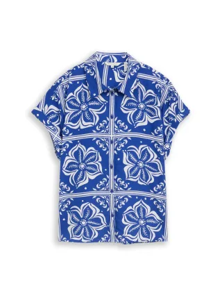 Tom Tailor - Loose Fit Bluse mit Leinenanteil blue flower tile design - Gr. - 38
