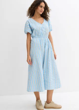 bonprix Seersucker-Midikleid aus reiner Baumwolle, blau, Gr.46, Weit geschnittenes Kleid aus reiner Baumwolle mit Fledermausärmeln und V-Ausschnitt, aus 100% Baumwolle