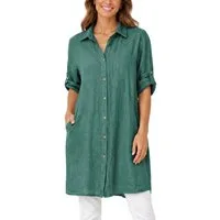 dy_mode Longbluse Damen Leinen Longbluse Sommer Hemdbluse Blusenkleid Luftige Tunika in Unifarbe, mit Knopfleiste