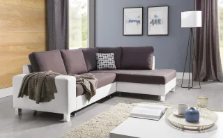 Ecksofa Schlafsofa PABLO Weiss / Braun Ottomane Rechts