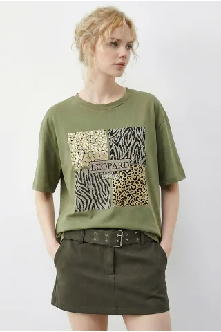 Leopardenmuster Pailletten Rundhals T-Shirt