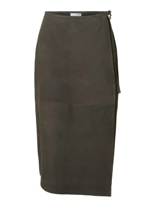 selected women - SLFSEFA SUEDE MIDI LEATHER SKIRT MW dark grey - Gr. - 42