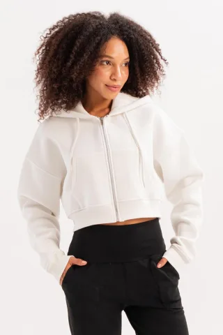 JUSTEVER Crop-Hoodie mit Reißverschluss, Kängurutasche und erhöhtem Saum, Ecru, Damen-Sweatshirt - Lumen