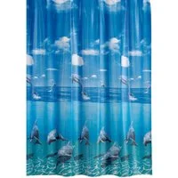 Ekershop Duschvorhang Textil Delfin Blau " Delphin im Meer " für Duschstange Breite 120 cm (inkl. Ringe), Höhe 200 cm, wasserabweisend, waschbar, bügelbar