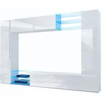 Vladon Wohnwand Mirage, (Anbauwand mit Rückwand mit 2 Türen, 2 Klappen und 6 offenen Glasablagen), Weiß matt/Weiß Hochglanz, inkl. LED-Beleuchtung (262 x 183 x 39 cm)