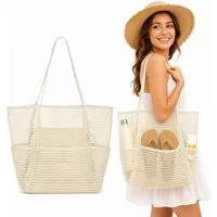 nsihing Strandtasche Strandtasche Damen Mesh, Große Faltbare Beach Tote mit Mini Fach, Leicht, Sandfest für Pool, Urlaub, Reise & Kreuzfahrt