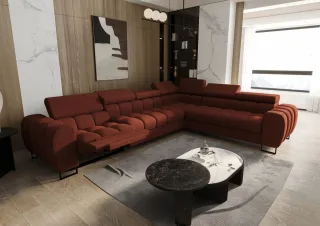 Ecksofa Schlafsofa BASTIEN RELAX in Stoff Moly Ziegelrot Ottomane Rechts