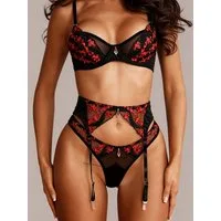 Elegant Love Set: Bügel-BH Sexy Dessous-Set – Straps-Set mit floraler Stickerei (Set, 3-tlg., BH + Strumpfgürtel + String) Reizwäsche – Lingerie Set, sinnliche Unterwäsche