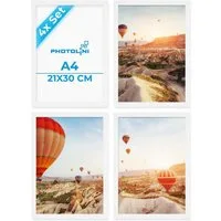 PHOTOLINI Bilderrahmen 4er Set 21x30 cm / DIN A4 Poster-Rahmen, zum Aufhängen & Aufstellen, für 4 Bilder (4er Set), MDF Holz, bruchsicheres Acrylglas & Zubehör, für Fotos & Poster