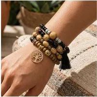 The Beauty House Armband Boho Vintage Armband Set mit Holzperlen, – Natürliches Layering Schmuck-Set mit Lebensbaum Anhänger