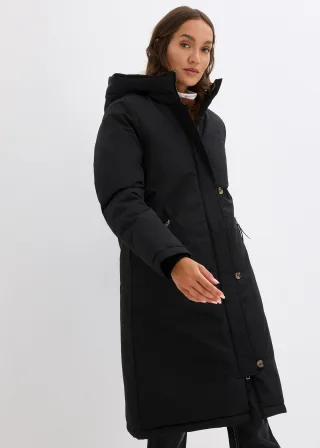 bonprix Wintermantel mit Teddyfell in der Kapuze, schwarz, Gr.44, Wintermantel mit Teddyfell