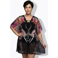 Ulla Popken Jerseykleid Tunika Elefanten Schnürung V-Ausschnitt Halbarm