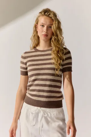 THE FASHION PEOPLE - Linen T-Shirt striped knitted dark mocha stripe - Gr. - XS