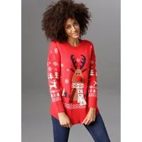 Aniston CASUAL Weihnachtspullover mit Bommel-Nase und Fransenschal