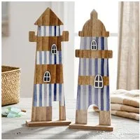 Levandeo® Dekoobjekt 2er Set Deko Aufsteller Leuchtturm H31cm Blau Weiß Natur Maritime Deko