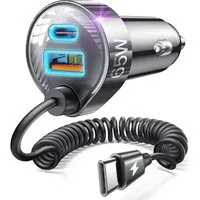 GreenHec 90W USB C KFZ Ladegerät Zigarettenanzünder Spiralkabel PD Schnelllader USB-Ladegerät (90W gesamt, 45W USB-C PD, Spiralkabel, 4 Anschlüsse, 12V/24V)