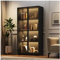 Merax Glasvitrine mit Glastüren inkl. LED (1-St) Hochschrank mit verstellbaren Einlegeböden,Bücherschrank,Standvitrine
